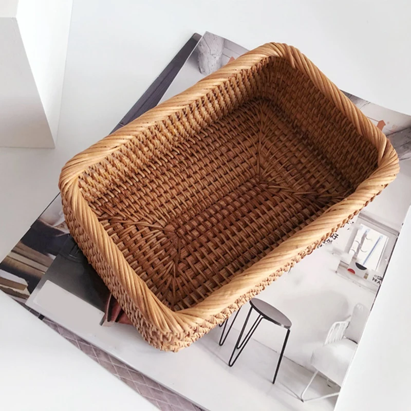 Hand-Woven Rectangular Rattan Wicker Basket Fruit Tea Snack Bread Picnic Cosmetic Storage Box Kitchen Household Tools