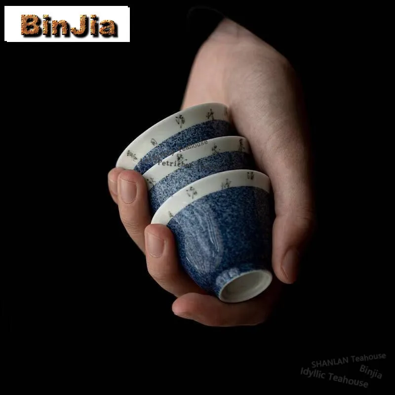 

2pc/lot Sprinkle Blue Handmade Master Cup Household Handwritten Poetry Teacup Elegant Jug Meditation Bowl Tea Set Craft 40ml