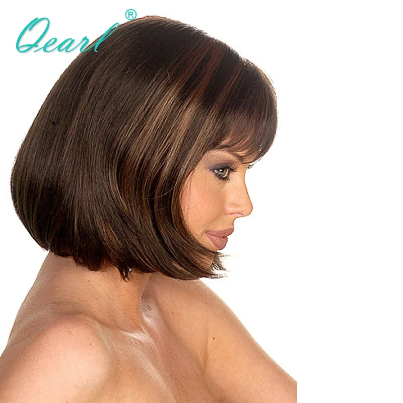 New Short Bob Wigs Human Hair Chocolate Brown Highlights Lace Front Wig with Bangs for Women Glueless Fringe Wig Shoulder QEarl