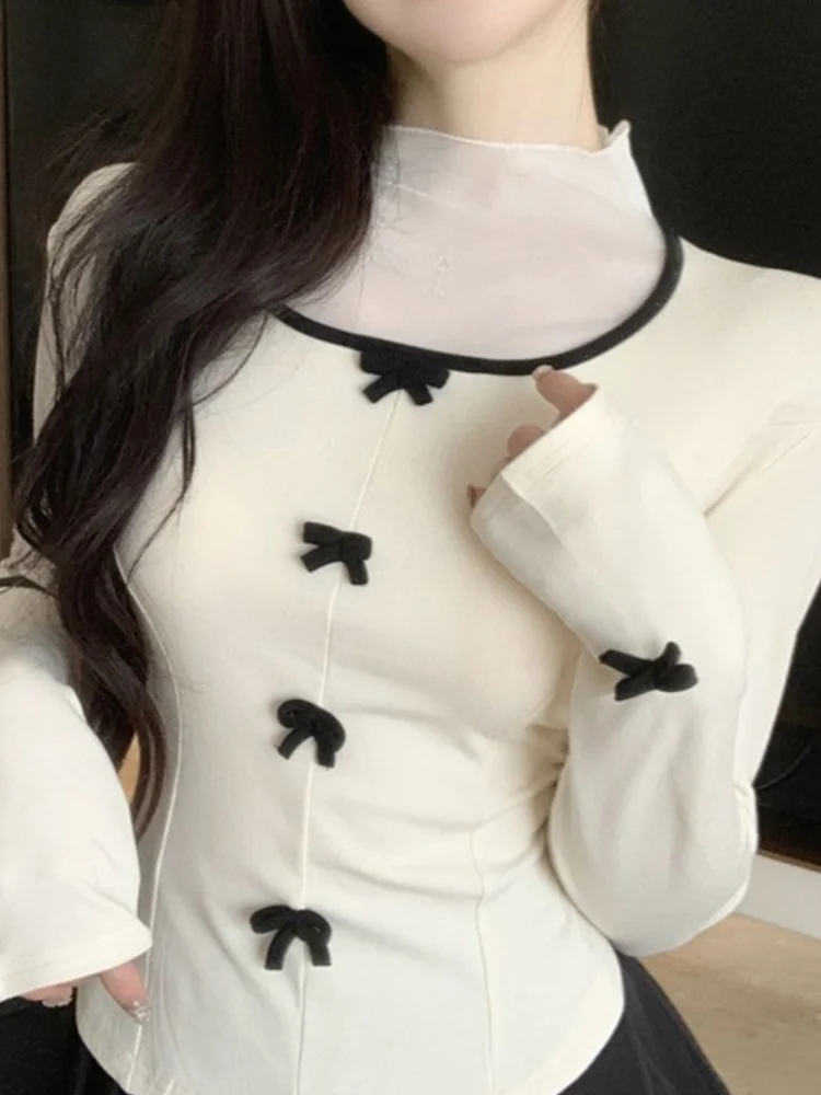 

Sweet Crop Top Women Spring Long Sleeve T-shirt Female Korean Fashion Bow Mesh Patchwork T-Shirt Ladies Elegant Skinny Camisetas