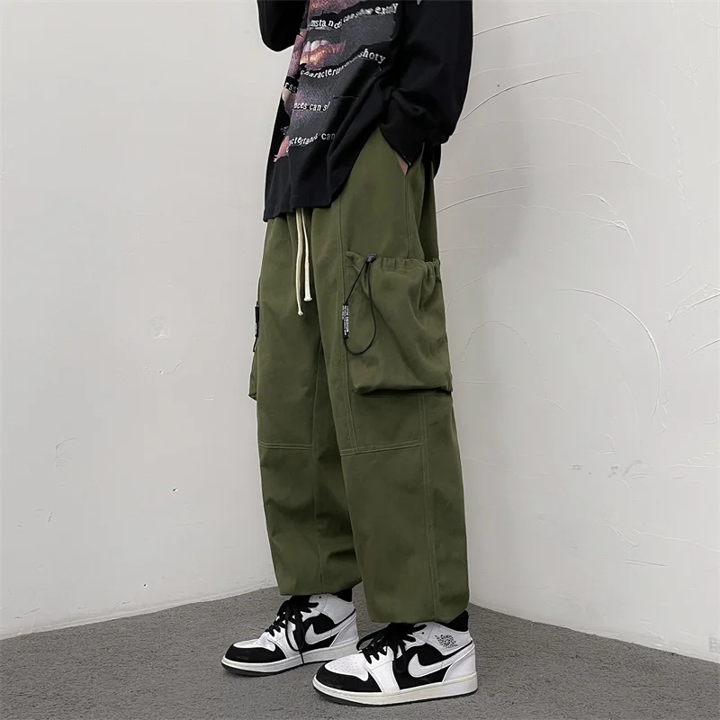 

Harajuku Men's Cargo Pants Cotton Drawstring Multi-pocket Trousers Hip Hop Streetwear Oversize Solid Washed Fashion Joggers Man