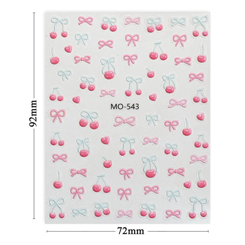 1pc 3D 체리 Bowknot 신선한 젤리 네일 스티커 민트 그린 라인 양각 슬라이더 데칼 여름 자체 접착 매니큐어 장식