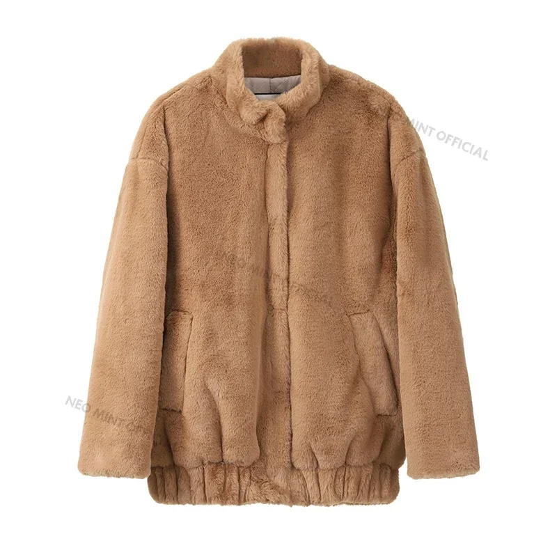 Neo Mint Oversized Plush Coat Women 2024 Winter Thick Warm Padded Faux Rabbit Fur Jacket Teen Girls Chunky Furry Bomber Jackets