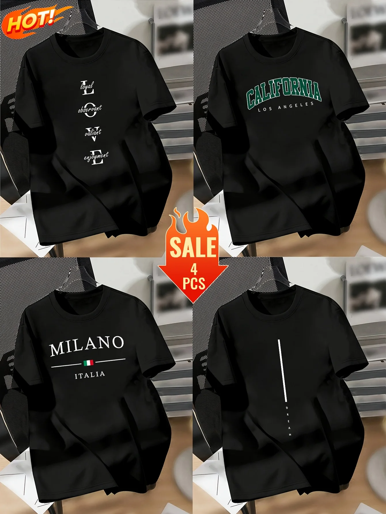 

4-Pack Men's Vacation Style Printed Cotton Short Sleeve T-Shirt, Suitable for Outdoor Activities, Daily Wear, Beach and Vacation