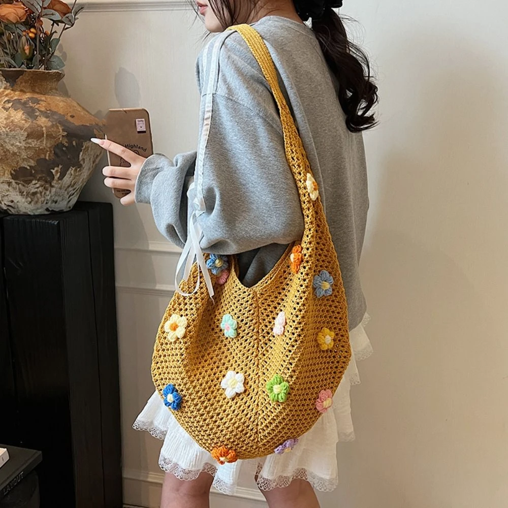 

Hollow Out Flower Thread Woven Bag Tote Bag Beach Handbag Beach Bag Bohemian Style Large Capacity Hollow Shoulder Bag Travel