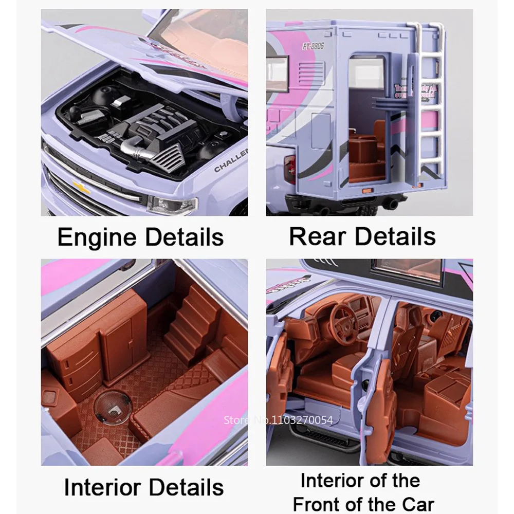 Coche de acampada en miniatura 1:32, juguetes de aleación fundida, puertas turísticas RV, sonido abierto, luz, vehículo extraíble, regalo de cumpleaños para niño