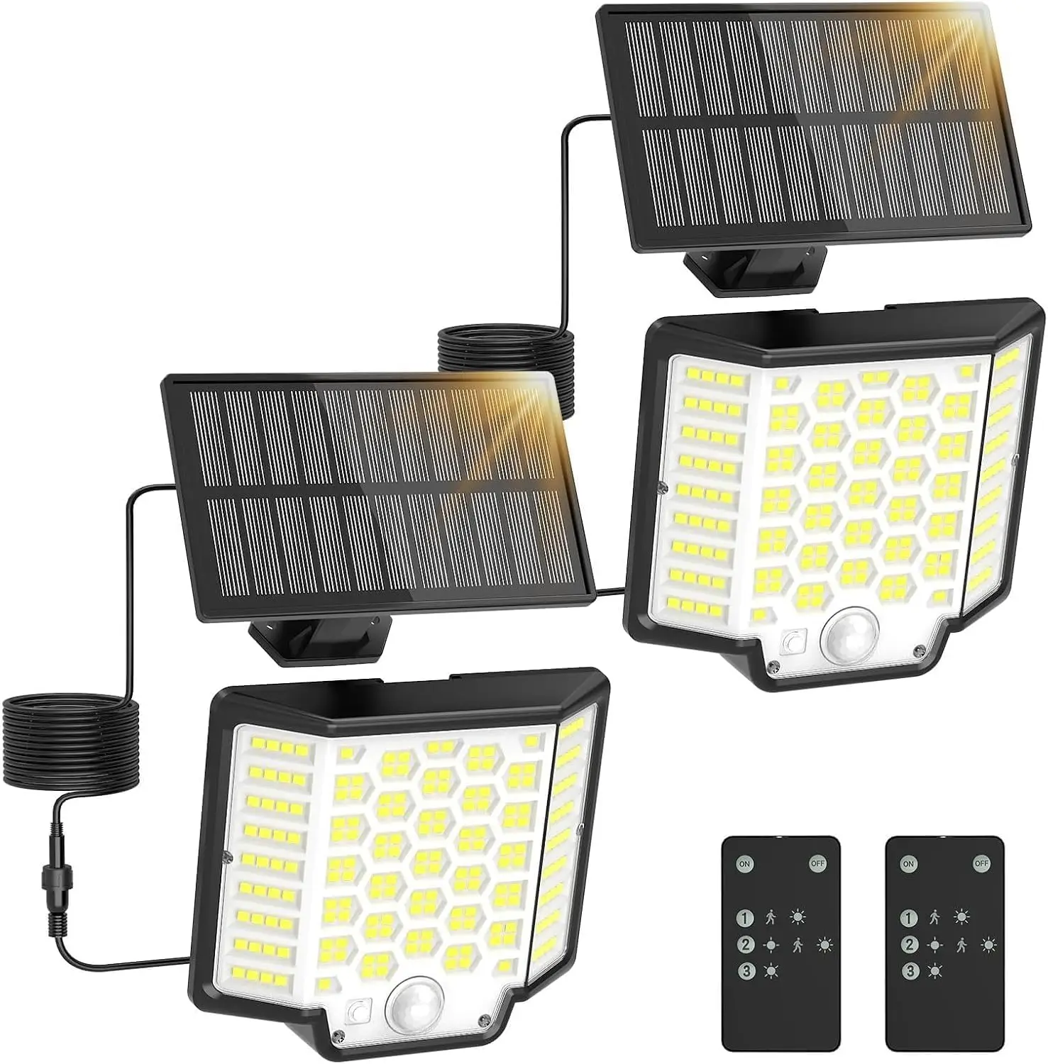 

Комплект из 2 светодиодных солнечных прожекторов 186, водонепроницаемых IP65, 2500 лм, 3 режима, датчик движения и пульт дистанционного управления для двора, патио, сада