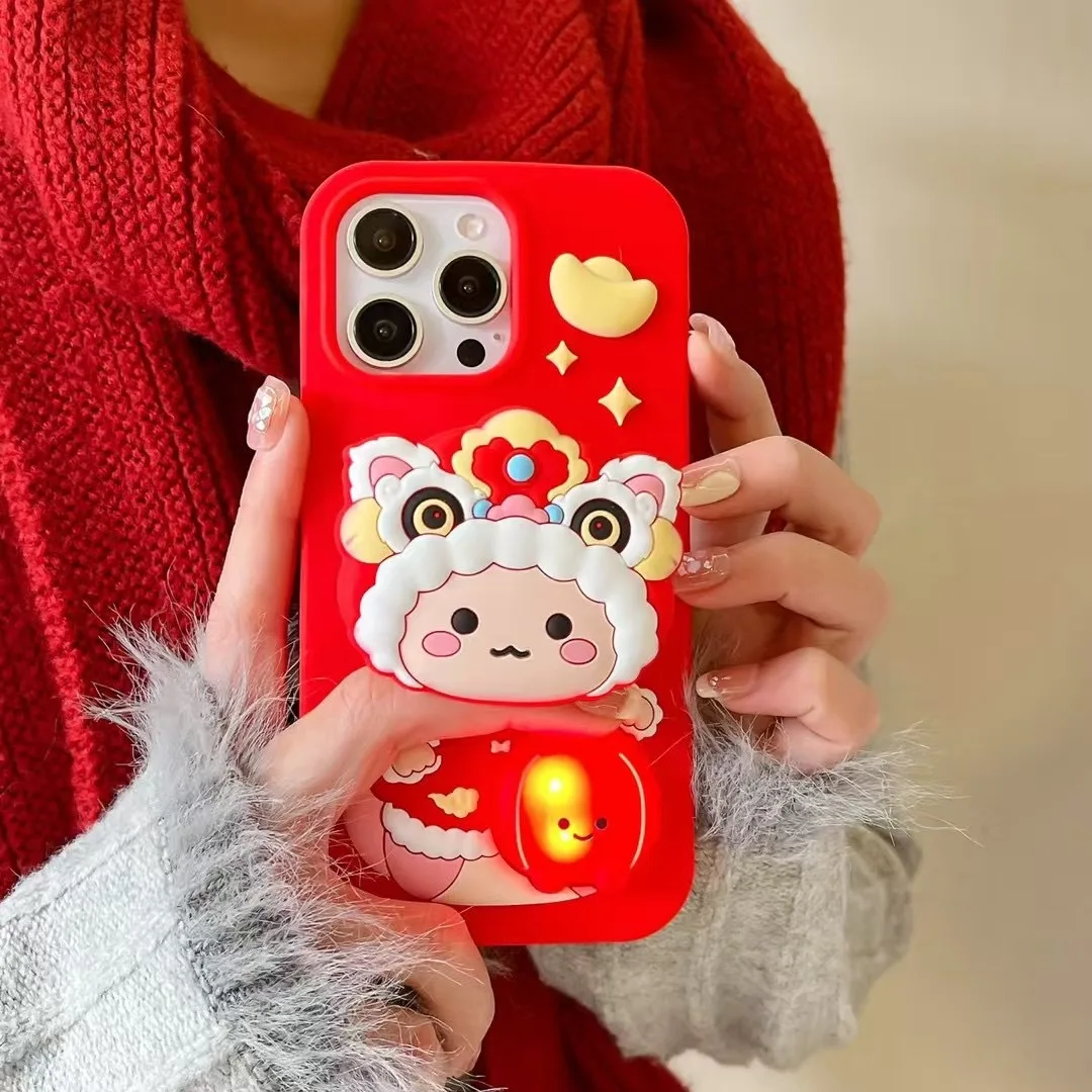 3D Festive Lion Dance Stand with Glowing Mini Lanterns Hidden Holder Phone Case for iphone 16 Promax  15 14 13 Protective Cover