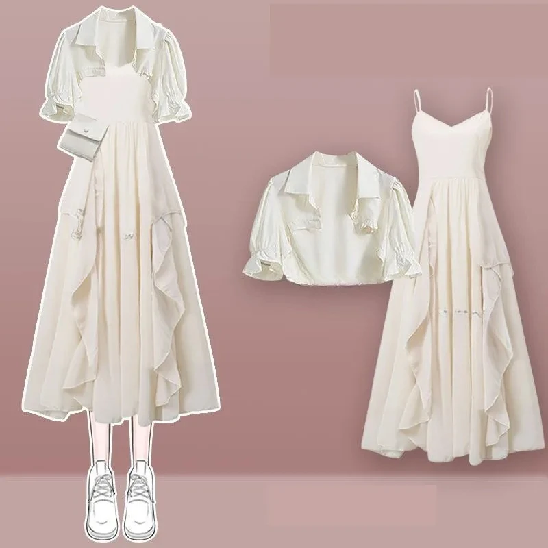 

Women's 2025 Summer New Fashion Short Sleeved Shirt+Sling Skirt Two Piece Suit Elegant Short Top Dress Matching Set ZL922