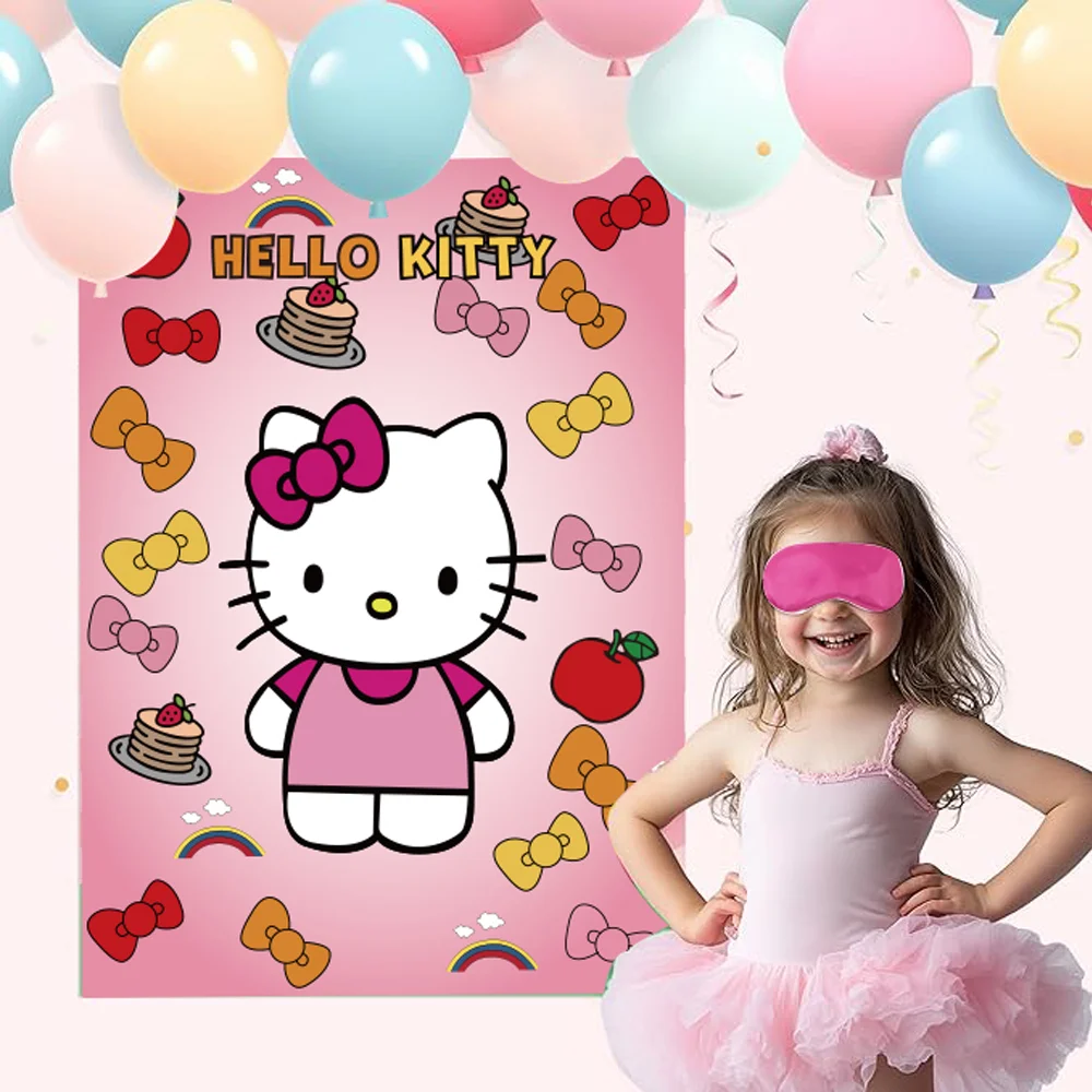 Blindfold With A Bow Game Birthday Party Stickers Poster Hello Kitty  Party Background Party Game Kids Favor Gifts Supplies