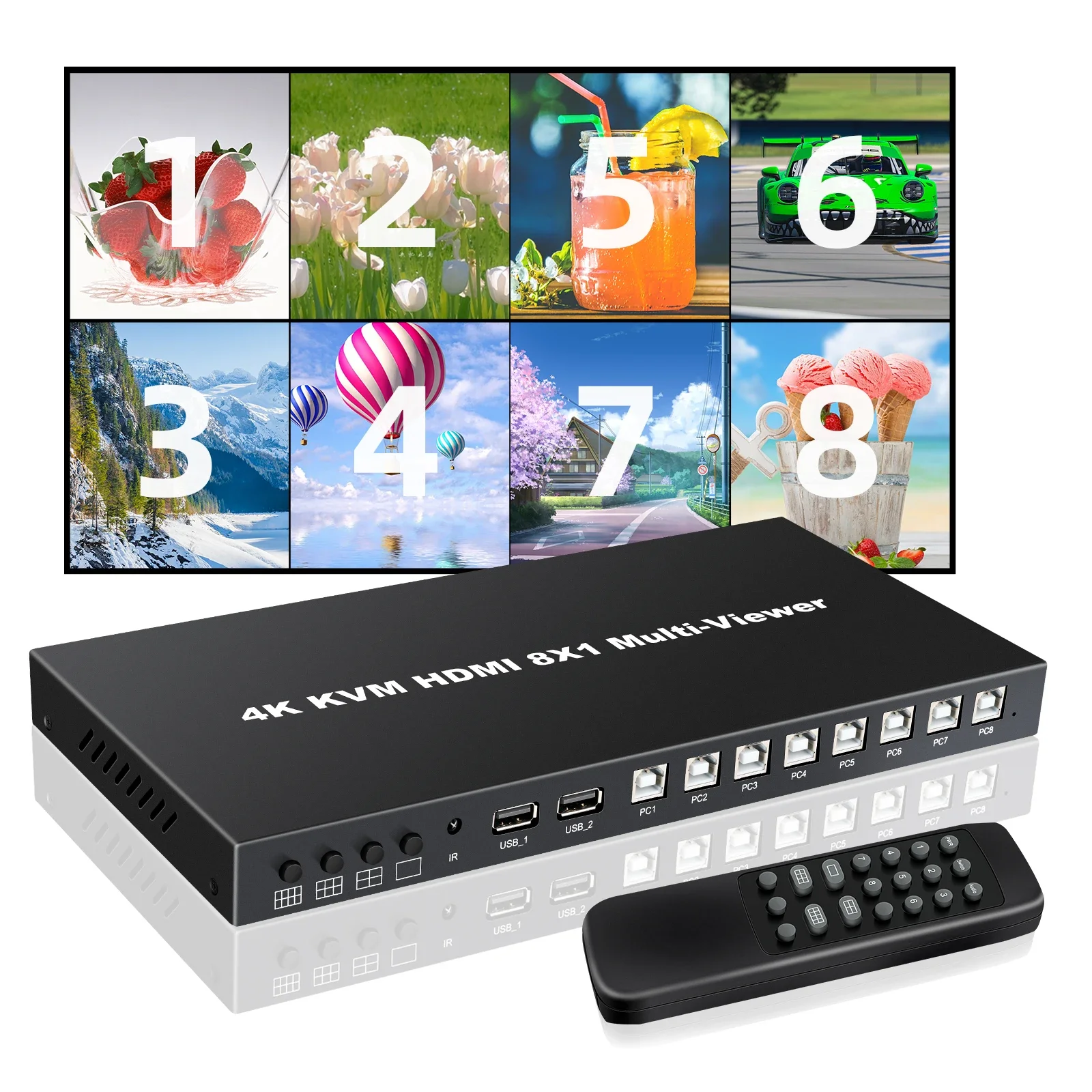 

4K HDMI-compatible KVM Multiviewer Switch 8 In 1 Out 1080P Quad Screen Multi Viewer HDMI Multi-Viewer Seamless Switcher with IR