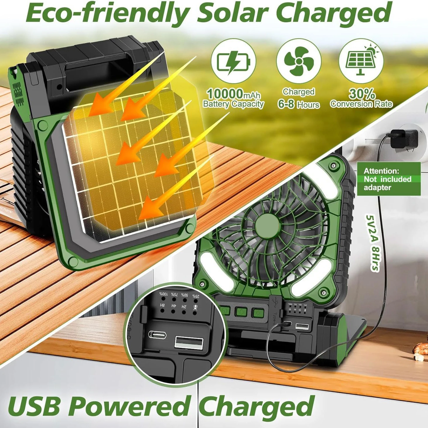 Solar Power Fan LED Light,5200mAh Rechargeable Battery 4 Speeds Powerful Wind 90° Folding Portable Outdoor Camping USB Desk Fans