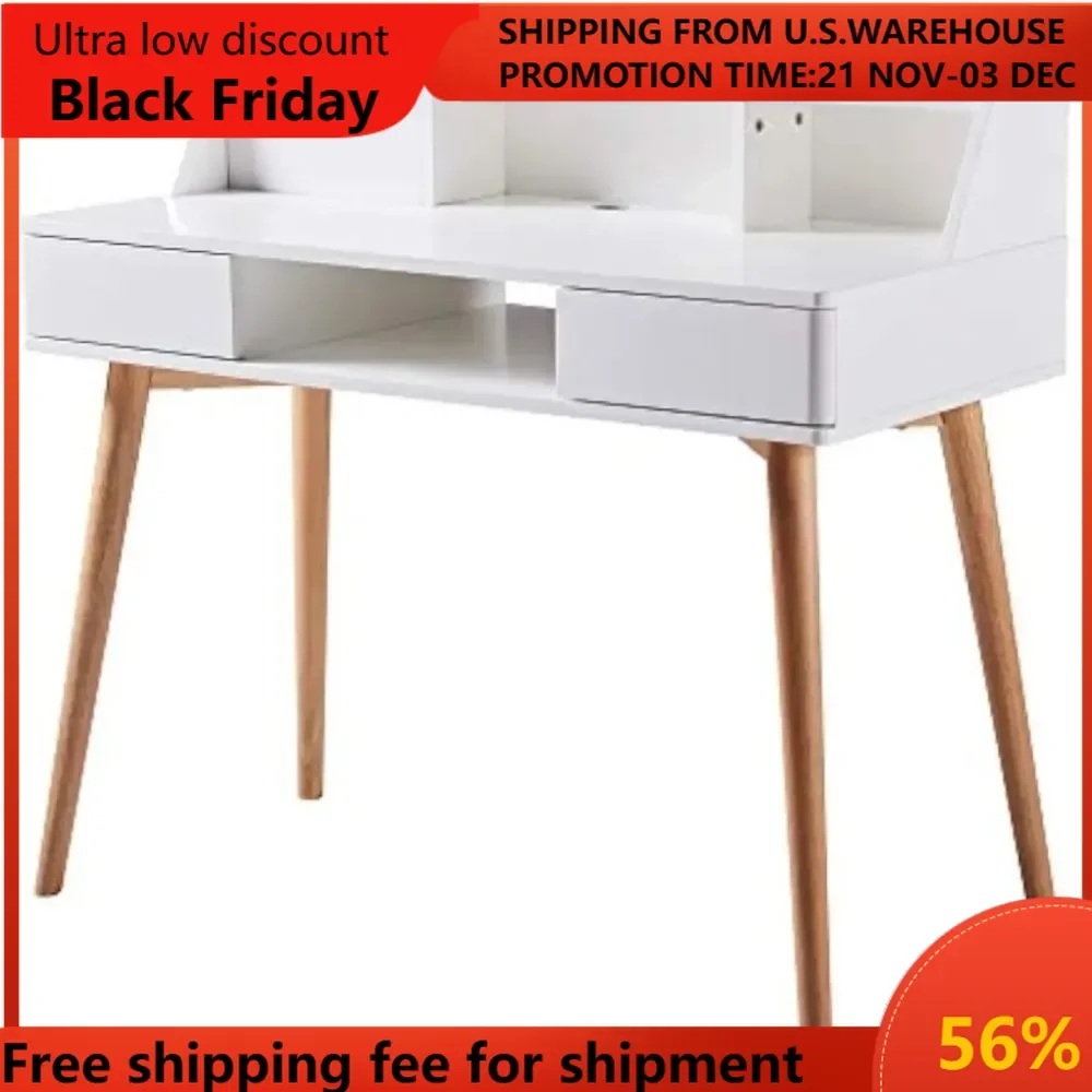 

Creativo Writing Study Computer Desk with Solid Wood Legs, Storage Drawers and Open Shelves Hutch for Home Office Living