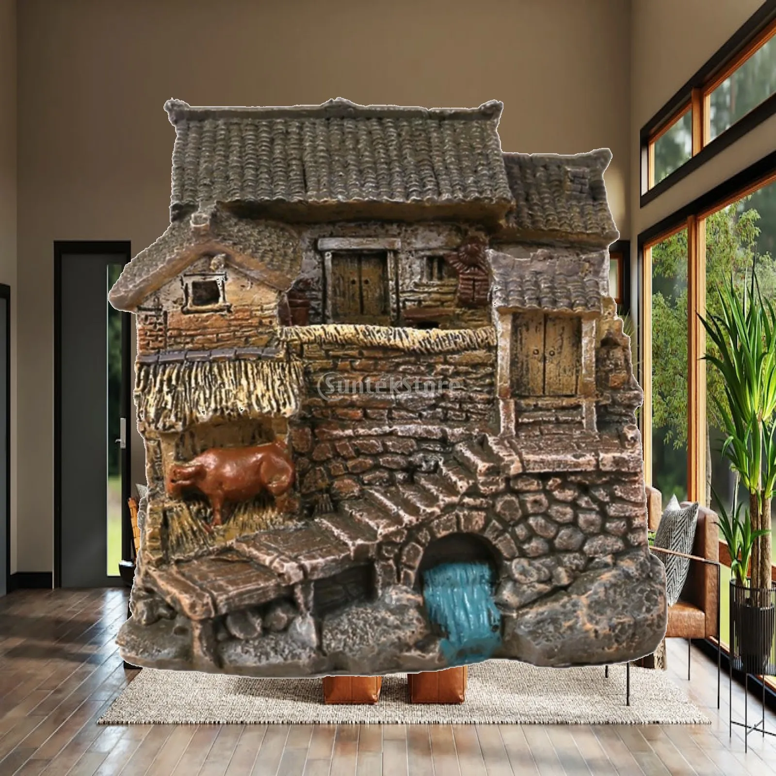 Miniature House Ornament Realistic House Ornament with Tiled Roof Aquarium Decoration Rustic Long-Lasting for Tea Tray, Tabletop