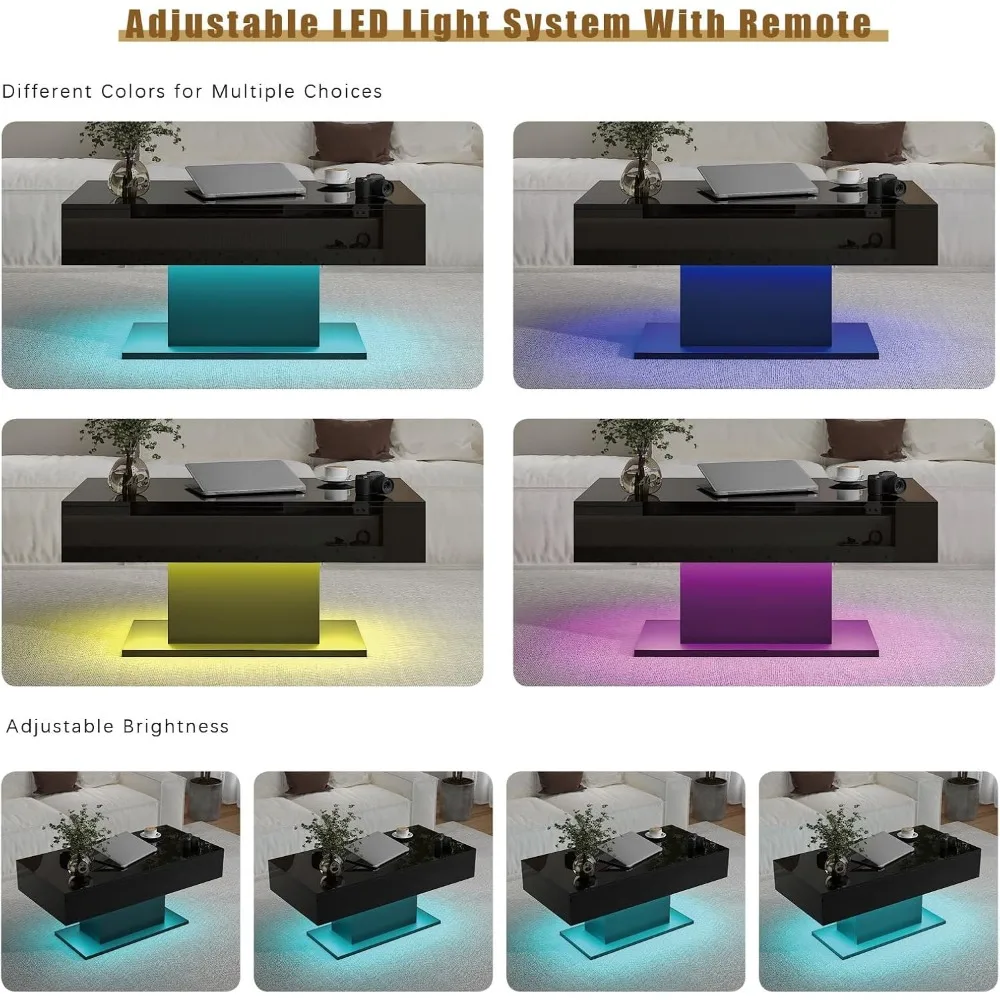 Modern Rectangular High Gloss Coffee Table with Storage Drawers for Living Room, Sleek Center Table in Black Finish