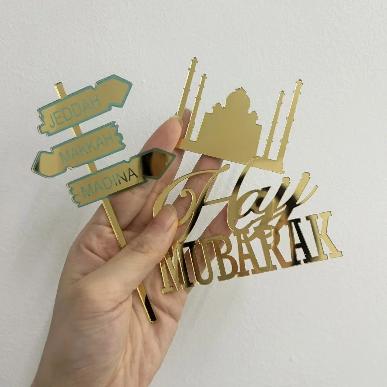 Goldener muslimischer Umrah Mubarak Topper Hajj Mubarak Kuchen Topper und Charm Set mit 3 Stück