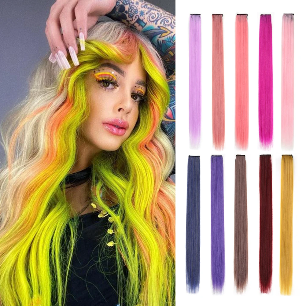 Colored Clip in Hair Synthetic Extensions 24 Inch Rainbow Long Straight Hairpieces Clip in Halloween Cosplay Dress Up Fashion