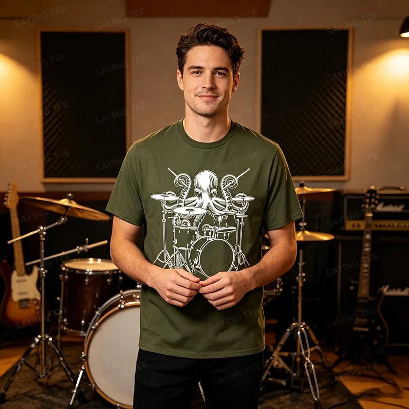 Octopus Playing Drums Design Drum Set Drums Drumming Drummer T-Shirt Y2k Funny Music Lover Graphic Streetwear Clothes Novelty