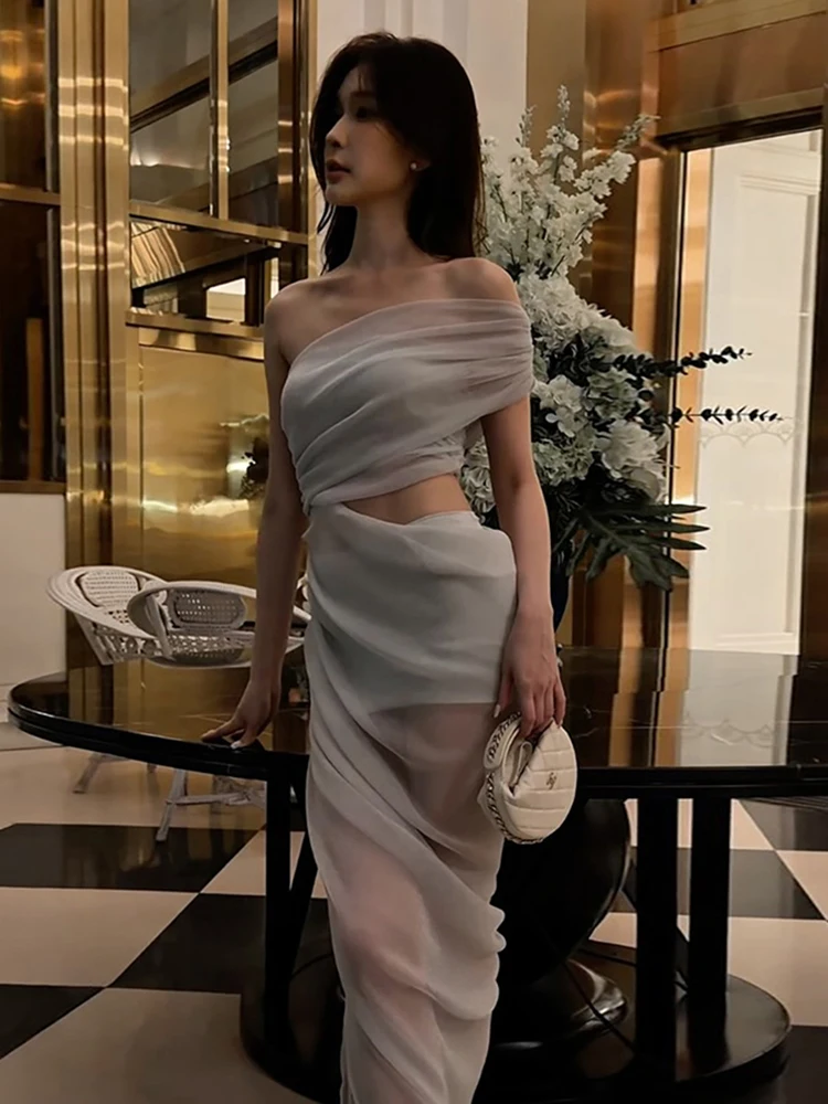 Sisterlinda Slash Neck Elegant Dress Women Sexy See Through Bright Silk Hollow Patchwork Ruched Single Sleeve Party Club Bodycon