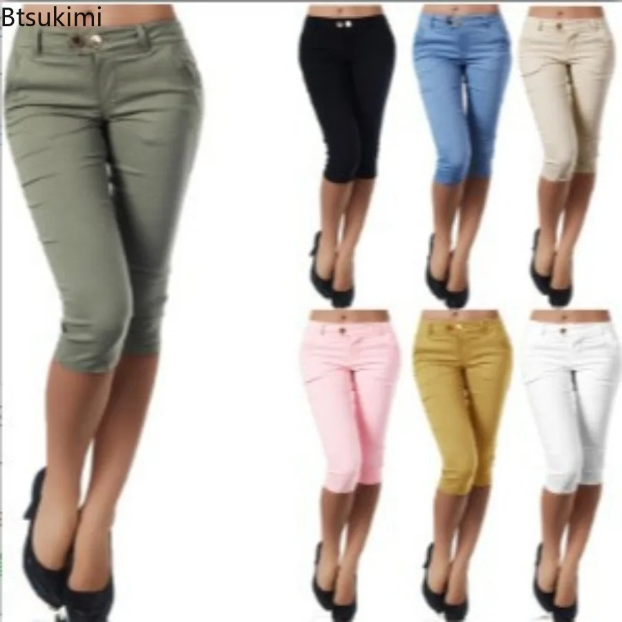 

Summer Women Capri Pants Solid Mid Waist Button All Match Pocket Skinny Trousers Slim-fitting Stretchy Pencil Pants Streetwear