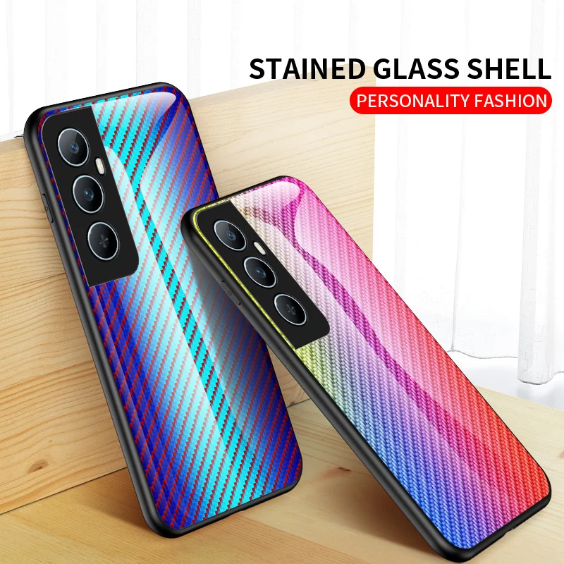 Realme C65 4G RMX3910 Case Carbon Fiber Grain Tempered Glass Back Cover Shockproof Phone Case for Realme C65 RealmeC65 RMX3910