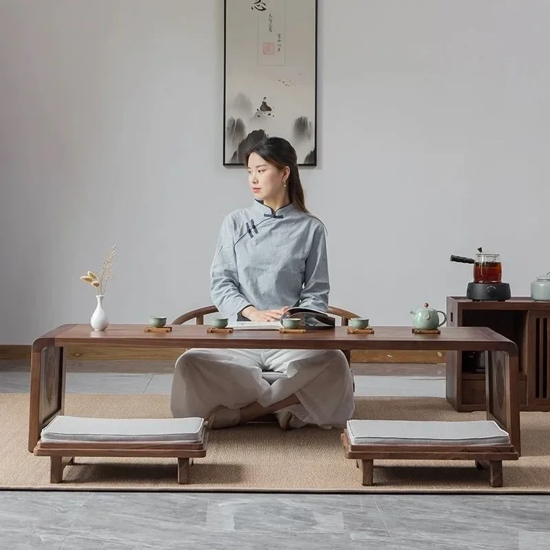 DSA Chinese coffee table solid wood elm tatami table and chair combination bay window small table balcony  zen home