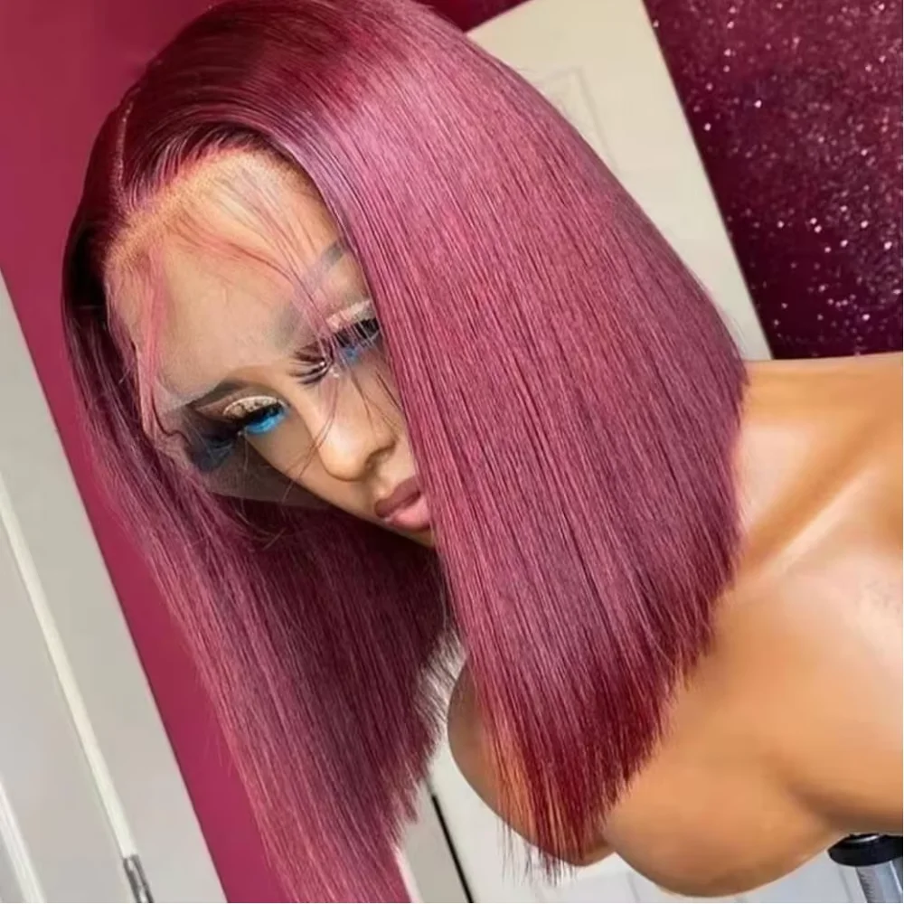 

200% 99J Burgundy Short Straight Bob 13x4 Hd Lace Front Wig For Women Brazilian Hair Red Wine Color Glueless Bob Wig Human Hair