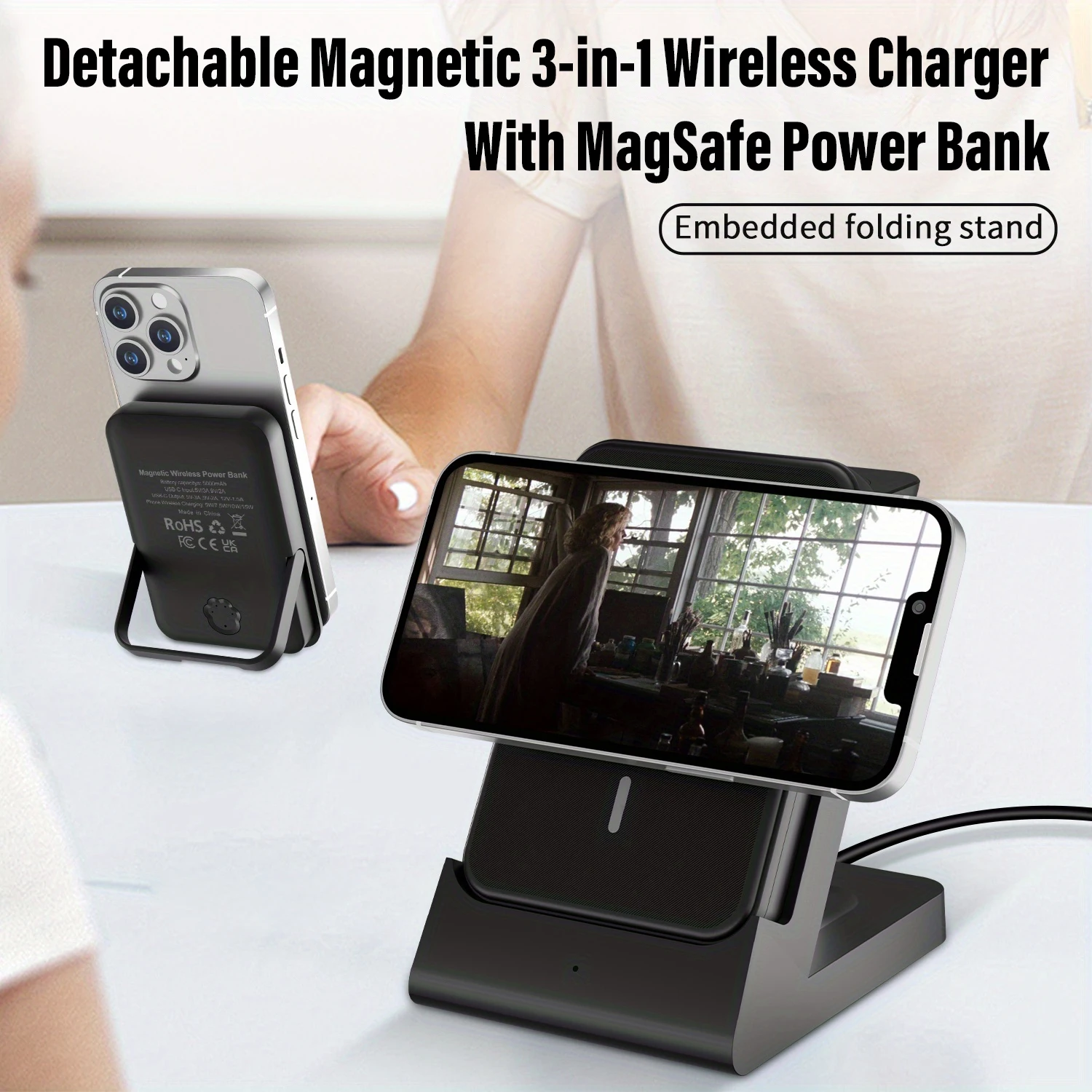 Detachabl 3 in 1 Magnetic Wireless MagSafe Power Bank 15W Fast Charger Portable Battery for iPhone 16 15 14 13 12 iWatch 5000mAh