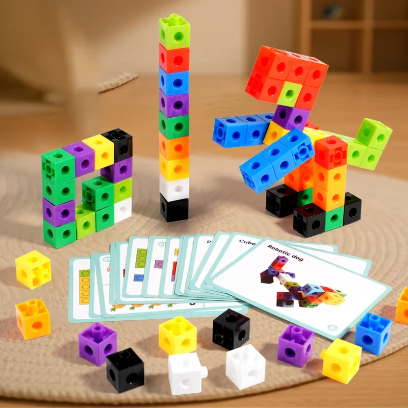 Colorful Linking Cubes 100 PCS Building Blocks Set with Activity Cards Dice Educational Interactive Math Toy for Preschool Kids