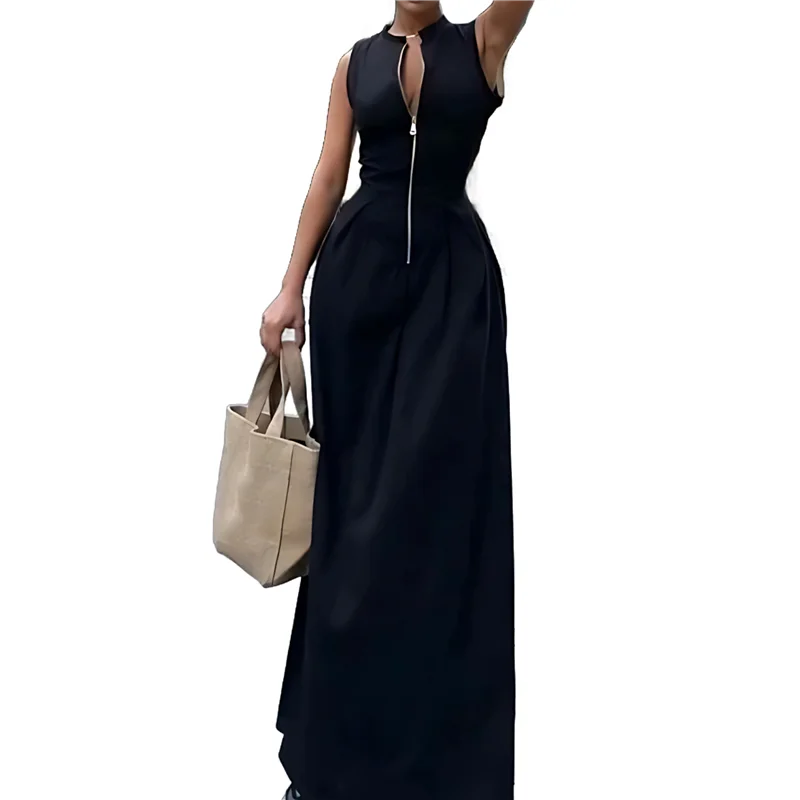 A83F-Abito da donna con scollo a V profondo, maniche ad aletta con cerniera, vita elastica smockata, abito longuette casual estivo diviso con tasche