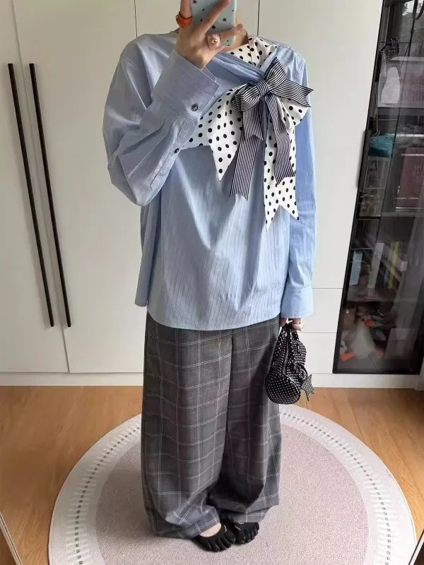 Blue Striped Polka Dot  Knot Long Sleeve Shirt Women's Style Spring Commute Loose Fit round Neck Single Button Hanfu