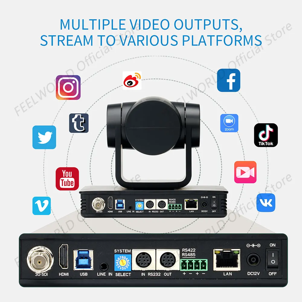 FEELWORLD-cámara UHD4K12X 4K PTZ, dispositivo con USB, POE, Zoom óptico 12X, IA, seguimiento automático, múltiples salidas de vídeo, hasta 255 posiciones preestablecidas