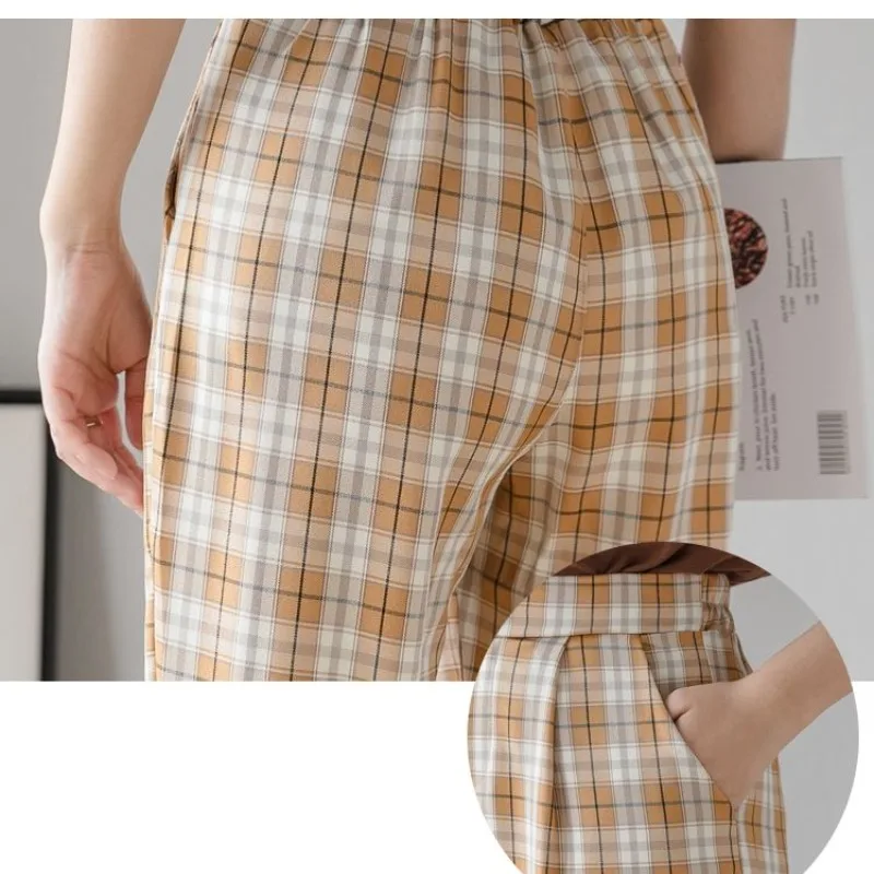 Women's Spring Summer Button High Waisted Pockets Plaid Casual Fashion Clothing Straight Trousers Contrast Color Korean Pants