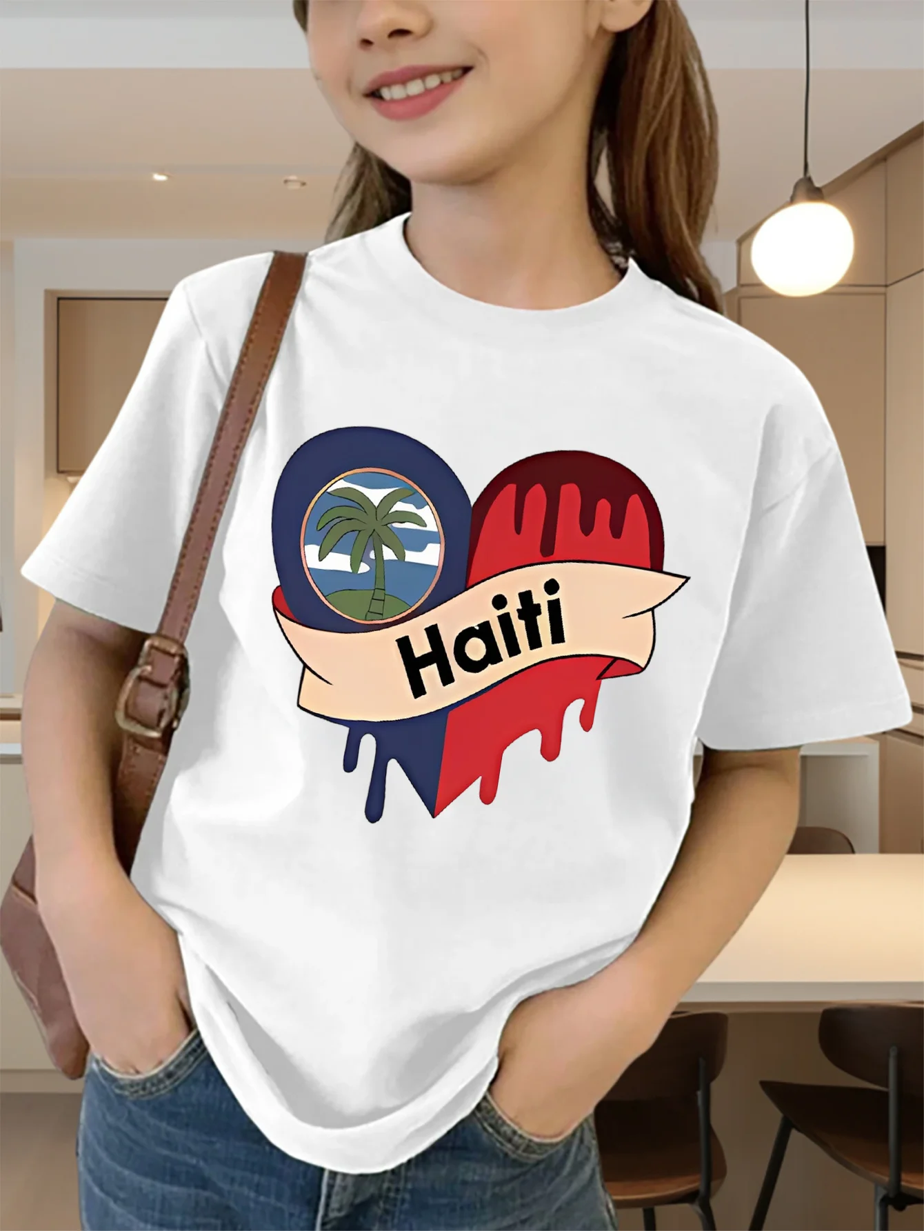 Cute Haiti Flag Heart Palm Tree Print Graphic Kids Tee Boys Girls Family Matching Cotton Crew Neck Short Sleeve Soft Summer Tee