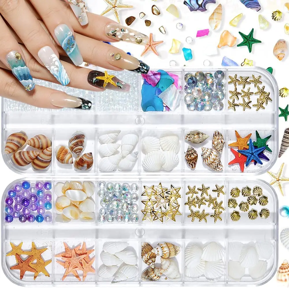 

12grids Nail Art Rhinestones, 1 Boxes Ocean Nail Charm Shell Starfish Conch Sea Series 3D Beach DIY Seashell Nail Accessories