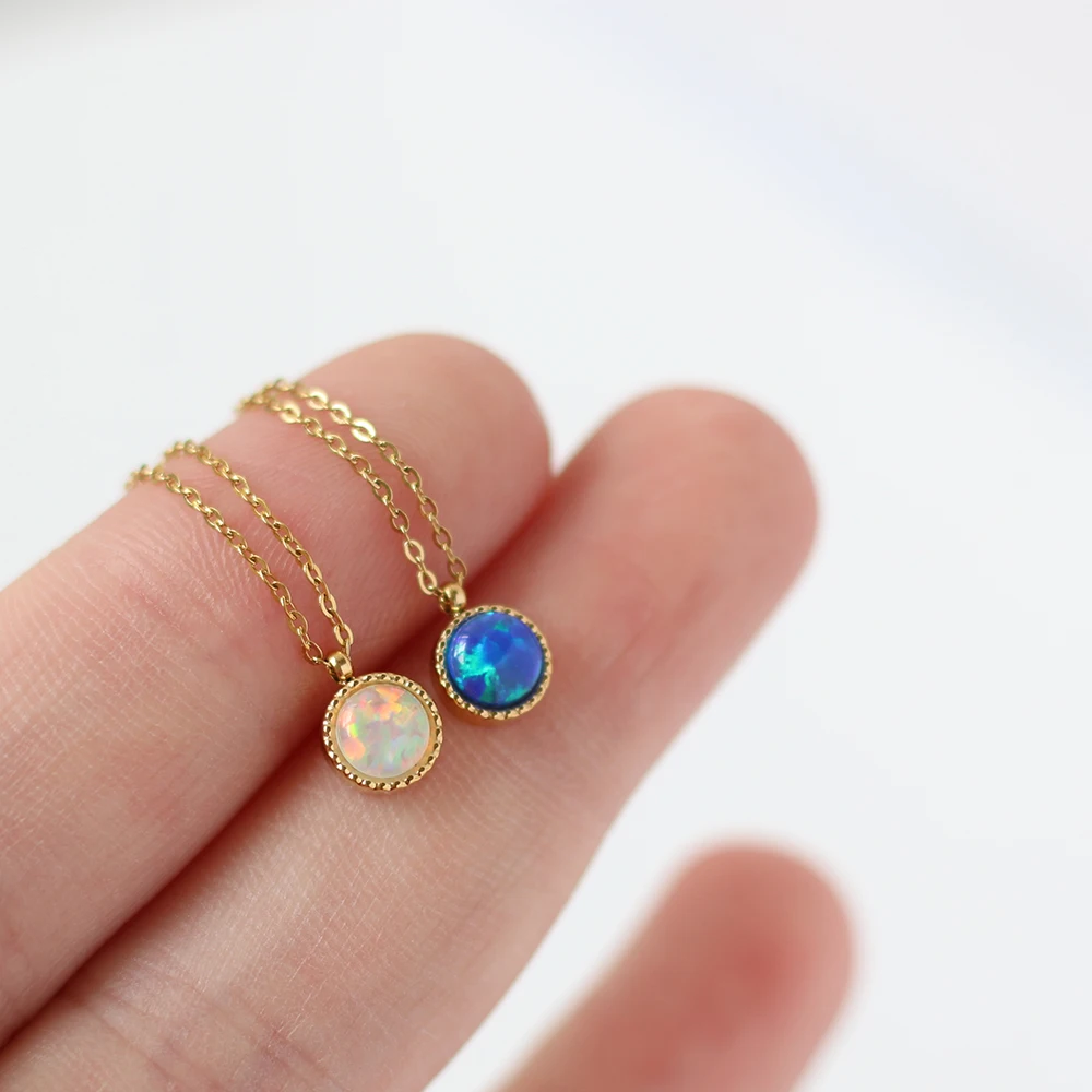 Stainless Steel Plated 18k Gold Magic White Blue Colored Round Opal Pendant Necklace Women Classic Gift Jewelry