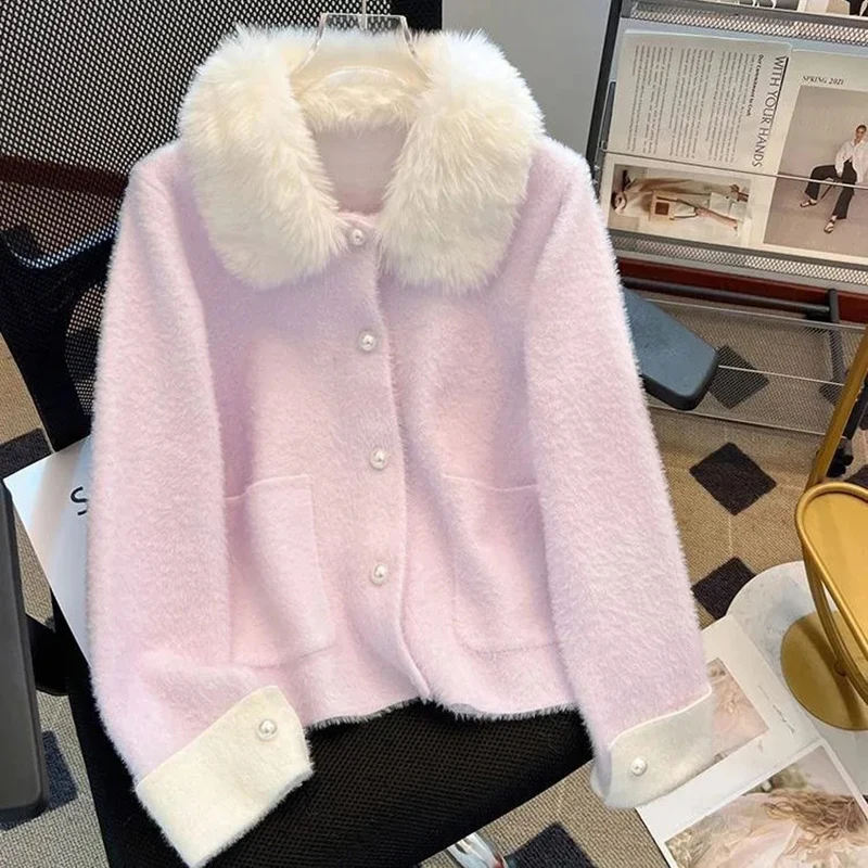 Sweet Pearl Button Cardigan Women Soft Imitation Mink Velvet Fur Collar Sweater Female Autumn Winter Long Sleeve Pocket Coats