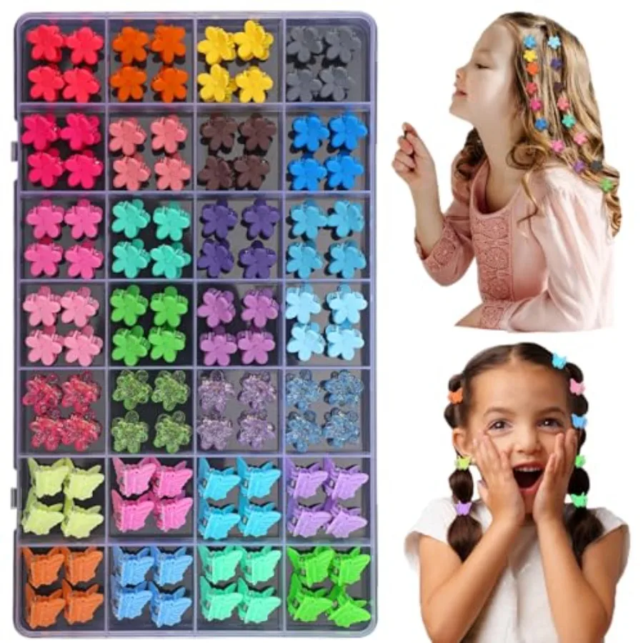 

112 Pcs Baby Hair Clips - 28 Color Mini Flower and Butterfly Clips for Girls, Toddlers - Small Claw Clips With Organizer Box -