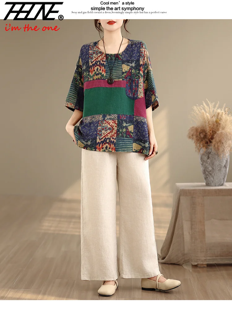 THHONE Plus Size Fashion Summer Woman Blouse Cotton Linen Casual Loose Print Patchwork O-Neck Vintage Indie Folk Oversized Top view 3