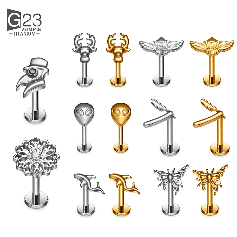 ASTM F136 Titanium 16G Butterfly Whale Deer Labret Cartilage Tragus Monroe Lip Nose Helix Stud Earring Animal Piercing Jewelry