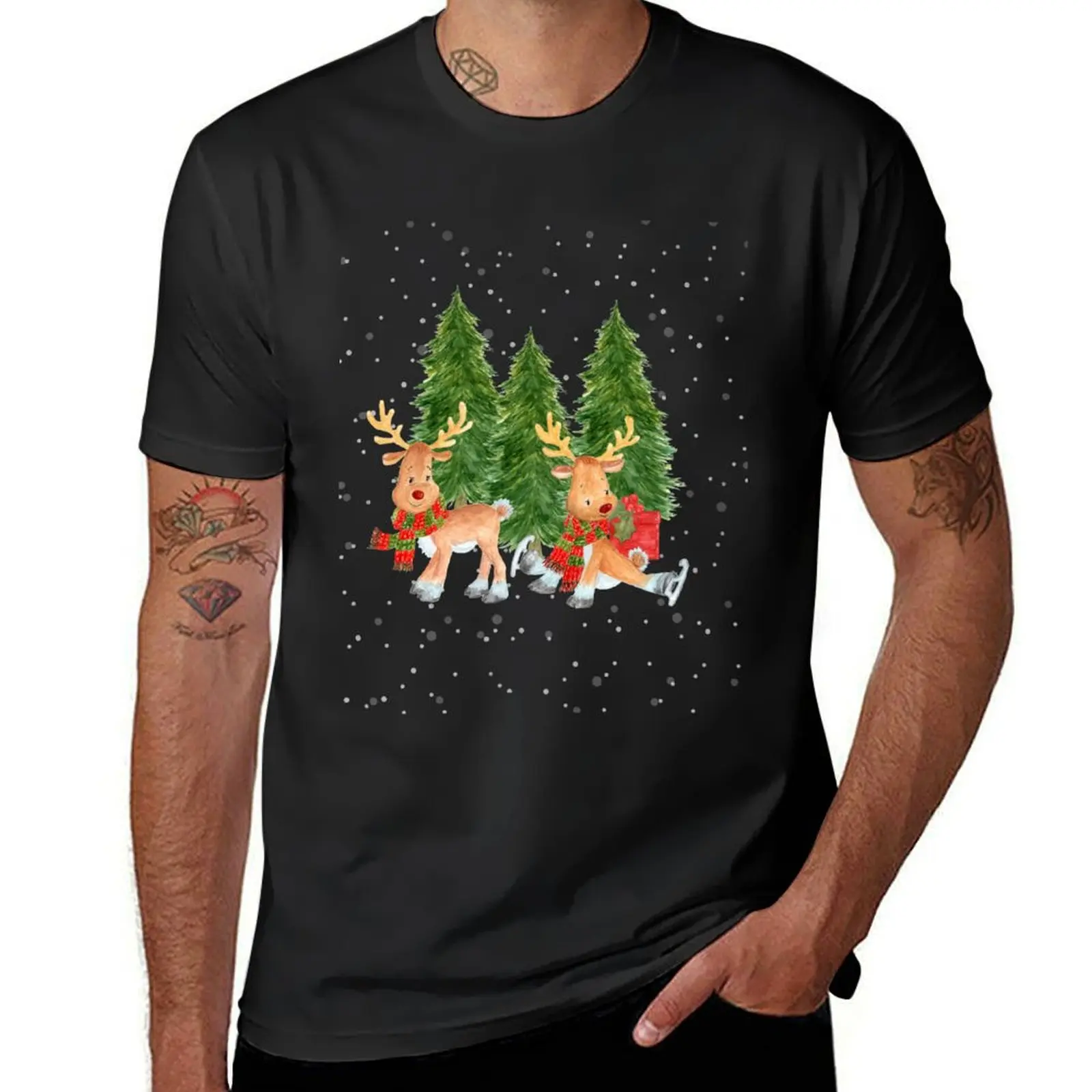 Reindeers Skating in the Snow T-Shirt boys animal print funnys customs design your own summer clothes mens white t shirts