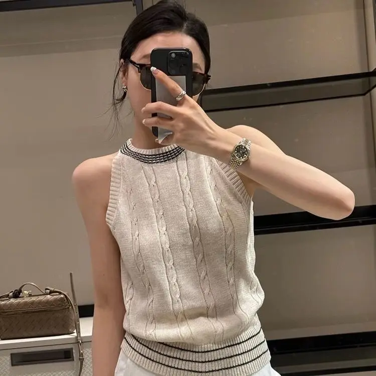 Top stile americano Casual girocollo pasta fritta colpi di scena Top nuovo gilet di lavoro a maglia 2025 Top estivi slim senza maniche Y2k