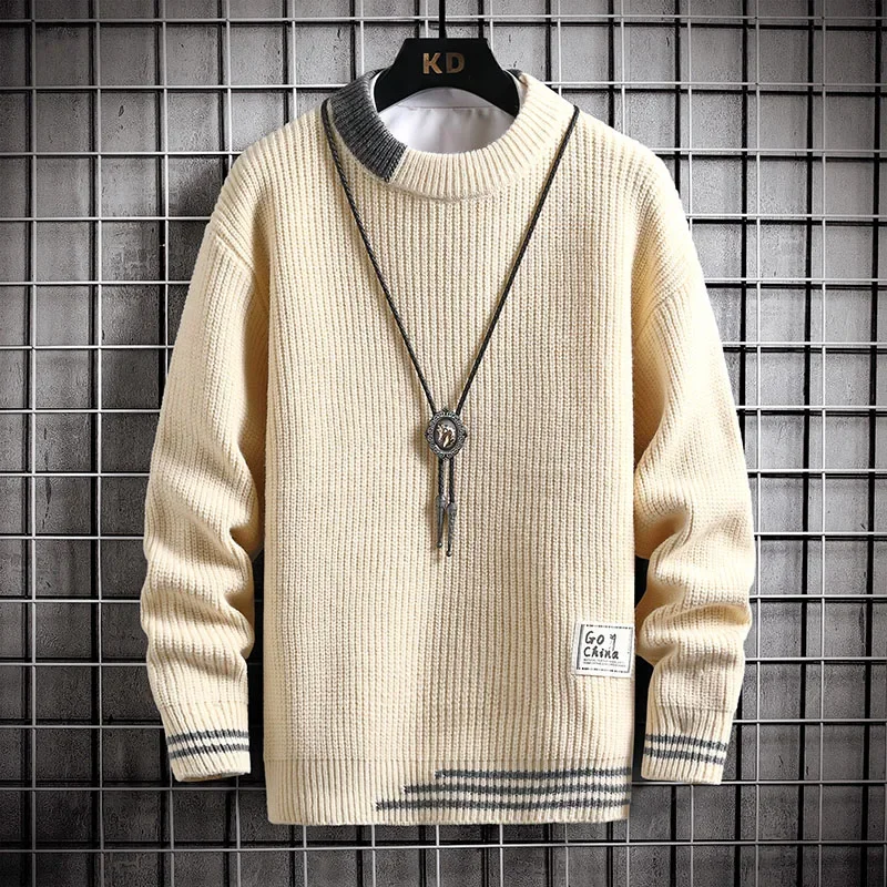 Autumn Winter Men Sweater Warm Top New Fashion Stitching Color Matching Pullover Round Neck Sweater Thickened Knitted Sweater