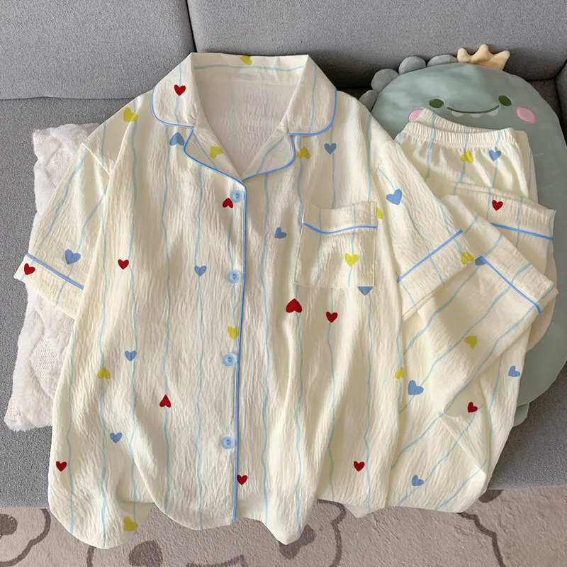 

New Arrival Summer Cloud Cotton Pajamas for Women Breathable Short-Sleeve Top and Long Pants Heart Jacquard Homewear Set