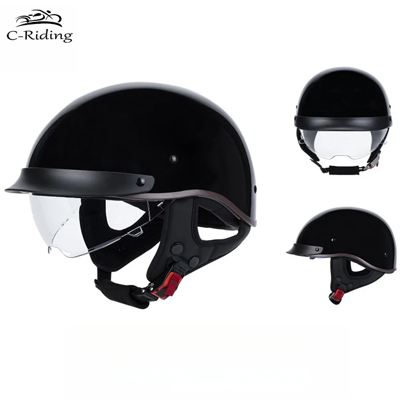 

Gloss Black Half Motorcycle Helmet Open Face Electric Bicycle Goggles Visor For Scooter Cycling Touring vintage Helmet Casque