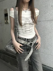 HOUZHOU Süße Sexy Off Schulter T-shirts Frauen Nette Schleife Gedruckt Harajuku Japanischen Stil Crop Tops Y2k Gyaru Dünne Streetwear