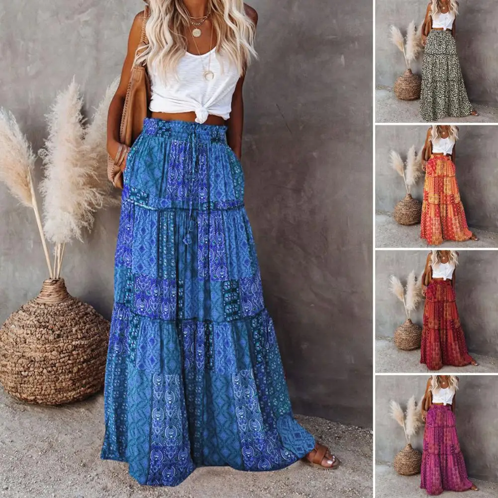 Commuting Skirt Boho Ethnic Print Maxi Skirt with Elastic Waist Patchwork Detail Vintage Style A-line Pleated Vacation for Women