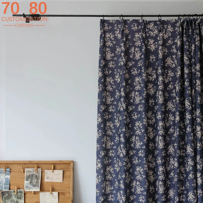 

Chinese Retro Blue Printed Cotton Linen Small Floral Curtains for Living Room Bedroom Blackout Curtains Customized Finished
