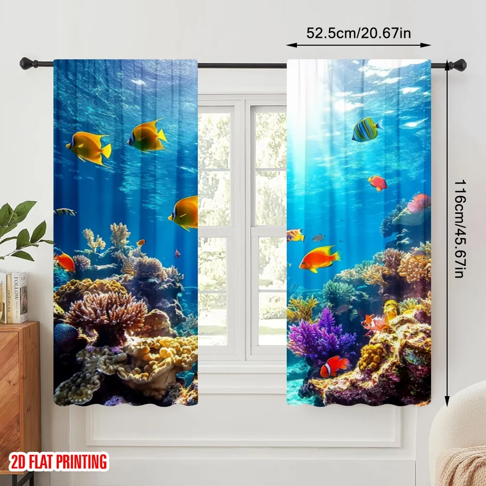 2pcs,2D plane printing Light Filtering Curtains Ocean Panorama Durable 100% Polyester Fabric (without rod) Art Deco Festive