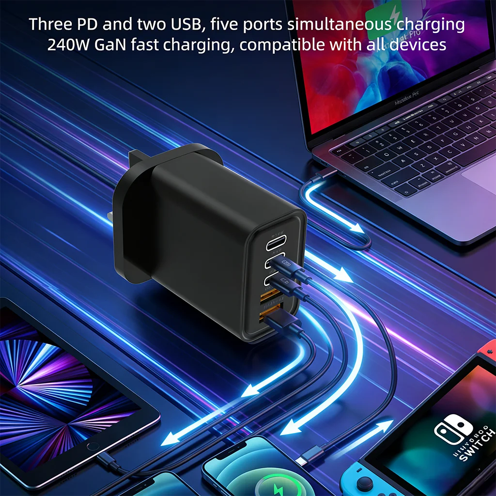 240W Fast GaN Charger with Status LED 3 USB-C PD Ports 2 USB-A QC3.0 for iPhone 17 16 Huawei Mate 70 60 Xiaomi 16 Samsung S25